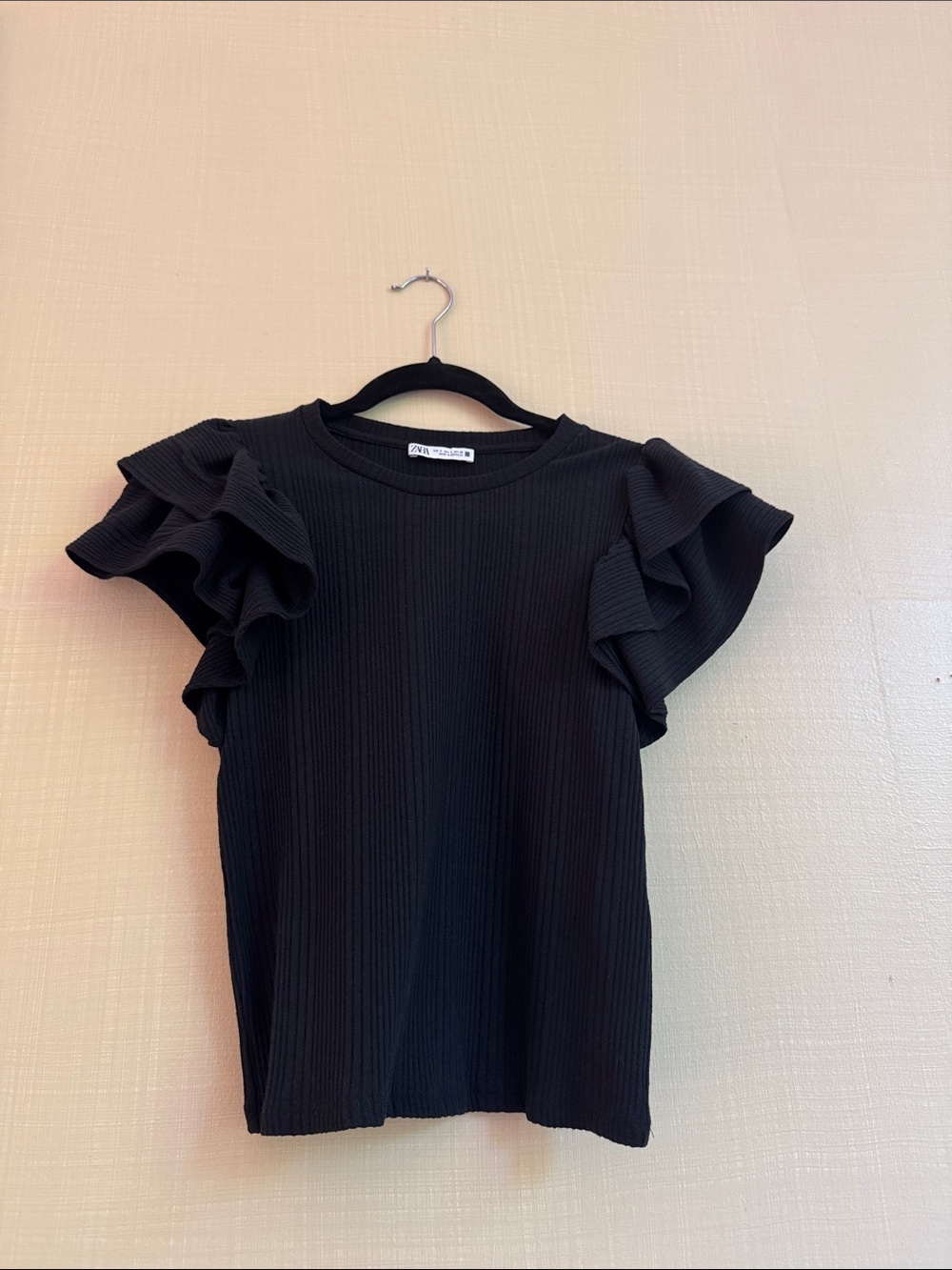 Zara Black Ribbed Top with Ruffle Short Sleeves